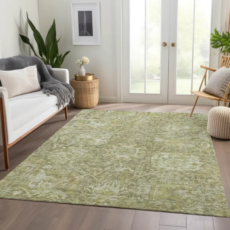 8' X 10' Sage And Green Damask Washable Indoor Outdoor Area Rug