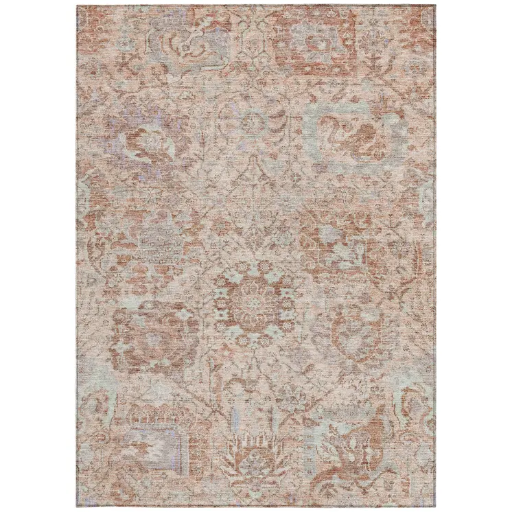 3' X 5' Coral And Gray Damask Washable Indoor Outdoor Area Rug