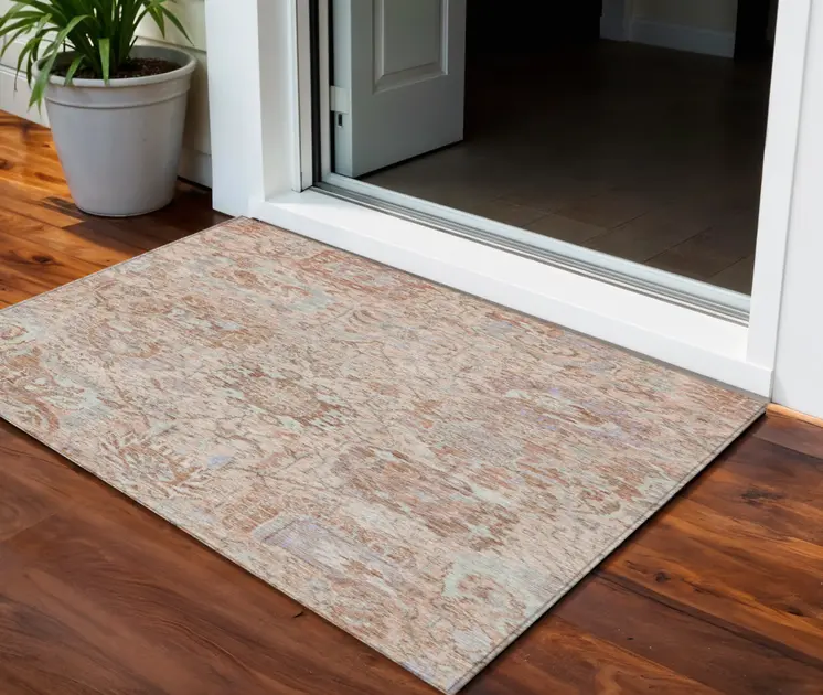 3' X 5' Coral And Gray Damask Washable Indoor Outdoor Area Rug