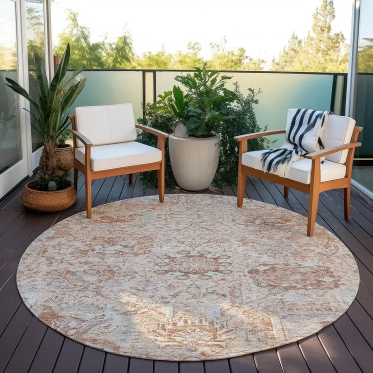8' Coral And Gray Round Damask Washable Indoor Outdoor Area Rug