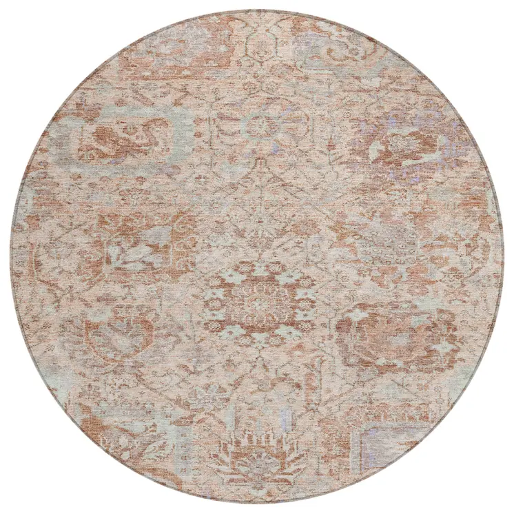 8' Coral And Gray Round Damask Washable Indoor Outdoor Area Rug