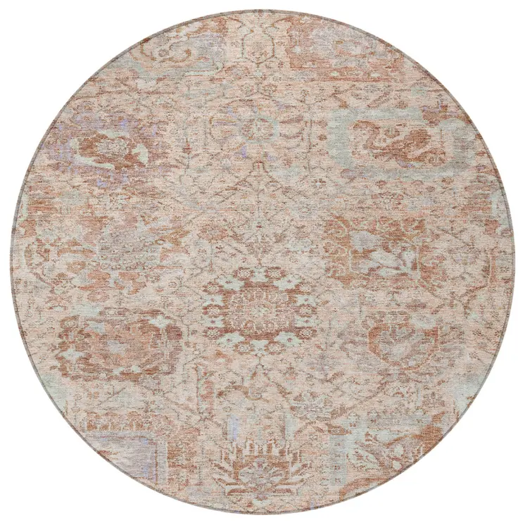 8' Coral And Gray Round Damask Washable Indoor Outdoor Area Rug