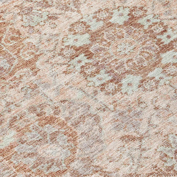 8' Coral And Gray Round Damask Washable Indoor Outdoor Area Rug