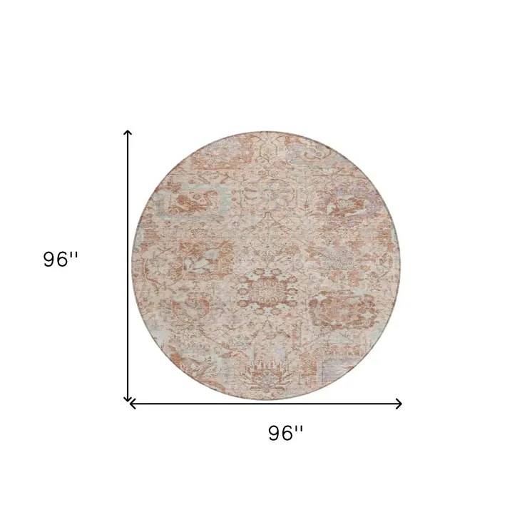 8' Coral And Gray Round Damask Washable Indoor Outdoor Area Rug