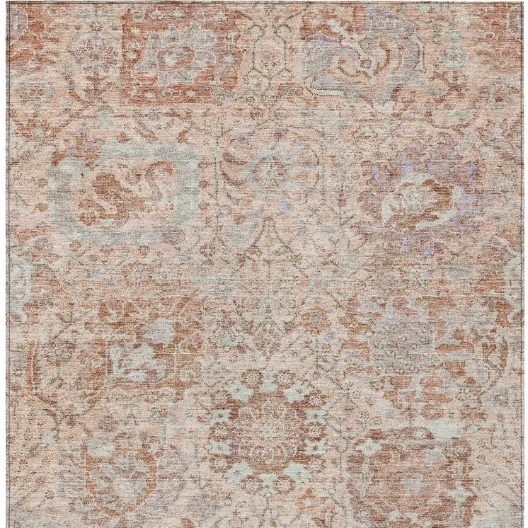 9' X 12' Coral And Gray Damask Washable Indoor Outdoor Area Rug