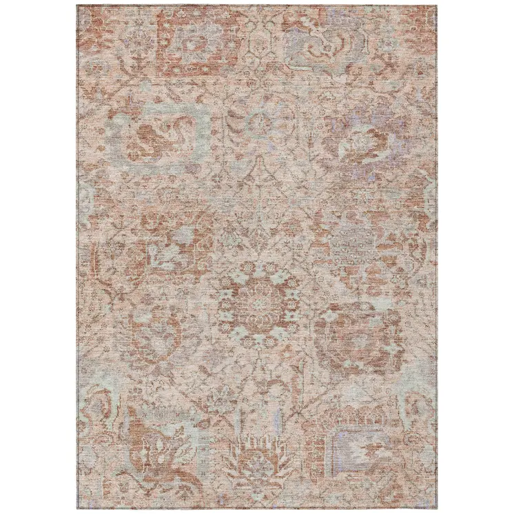 9' X 12' Coral And Gray Damask Washable Indoor Outdoor Area Rug
