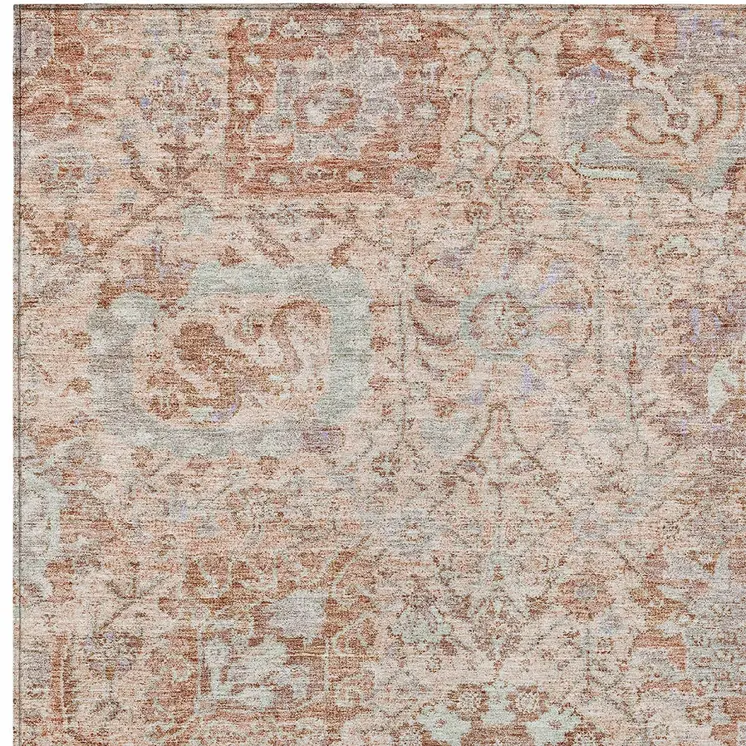 9' X 12' Coral And Gray Damask Washable Indoor Outdoor Area Rug