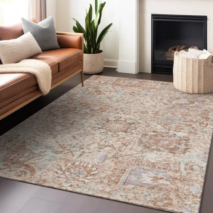 9' X 12' Coral And Gray Damask Washable Indoor Outdoor Area Rug