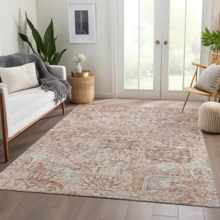 9' X 12' Coral And Gray Damask Washable Indoor Outdoor Area Rug