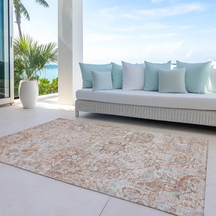10' X 14' Coral And Gray Damask Washable Indoor Outdoor Area Rug