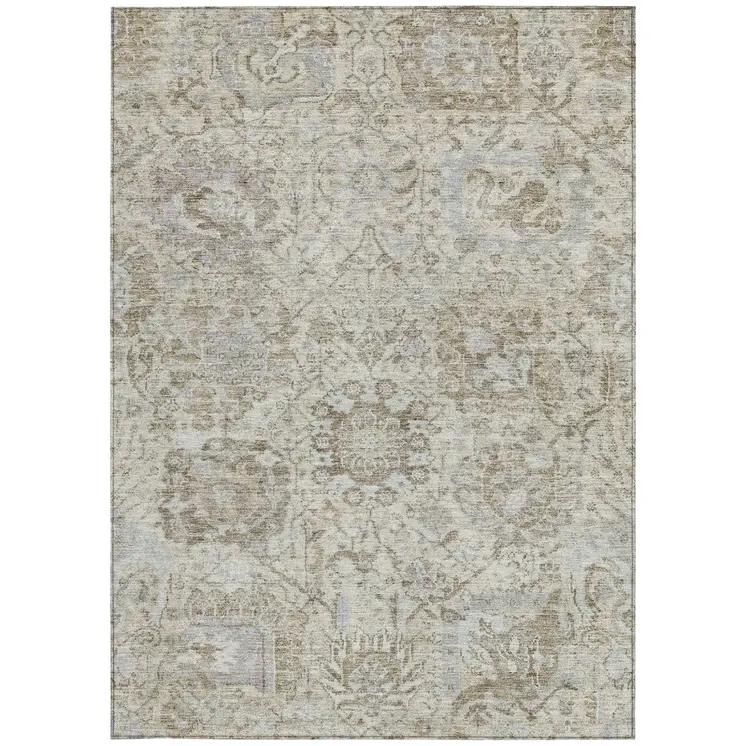 5' X 8' Ivory Brown And Gray Damask Washable Indoor Outdoor Area Rug