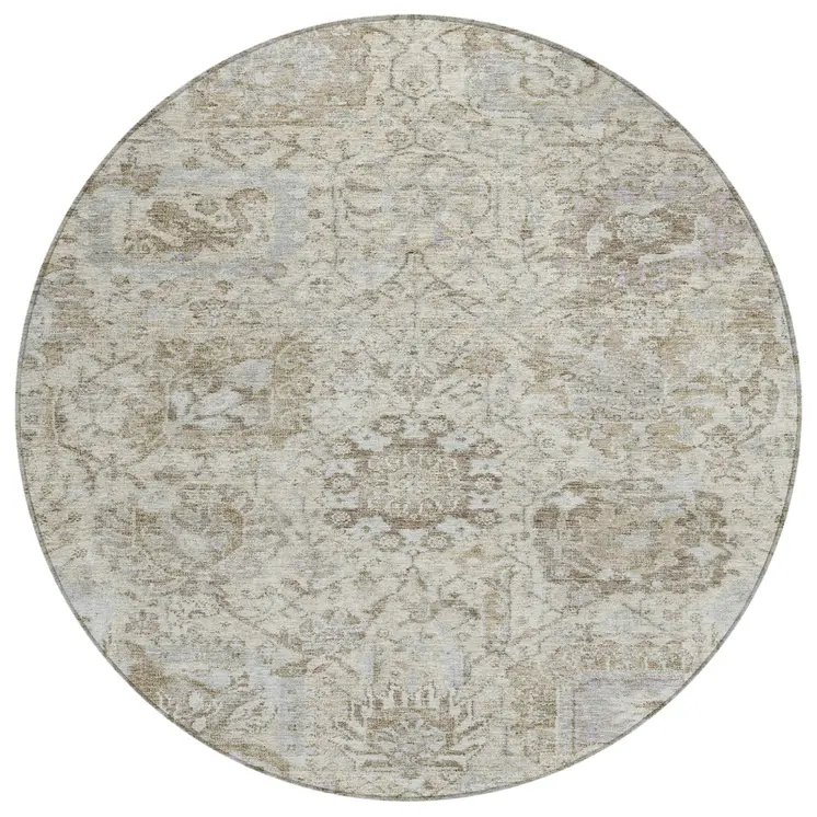 8' Ivory Brown And Gray Round Damask Washable Indoor Outdoor Area Rug