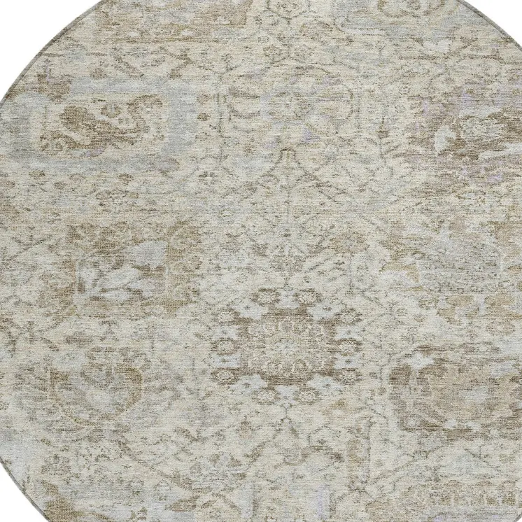 8' Ivory Brown And Gray Round Damask Washable Indoor Outdoor Area Rug
