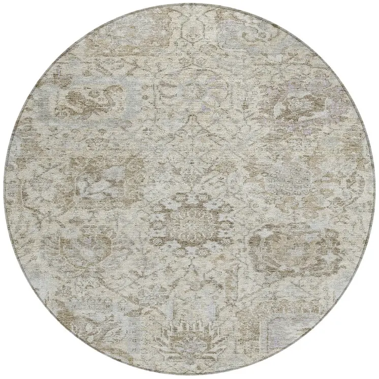 8' Ivory Brown And Gray Round Damask Washable Indoor Outdoor Area Rug
