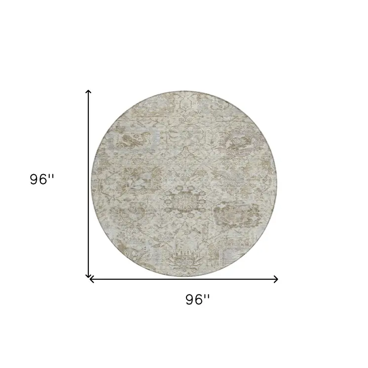 8' Ivory Brown And Gray Round Damask Washable Indoor Outdoor Area Rug