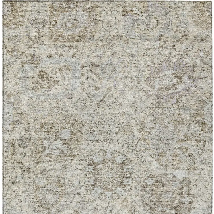 9' X 12' Ivory Brown And Gray Damask Washable Indoor Outdoor Area Rug