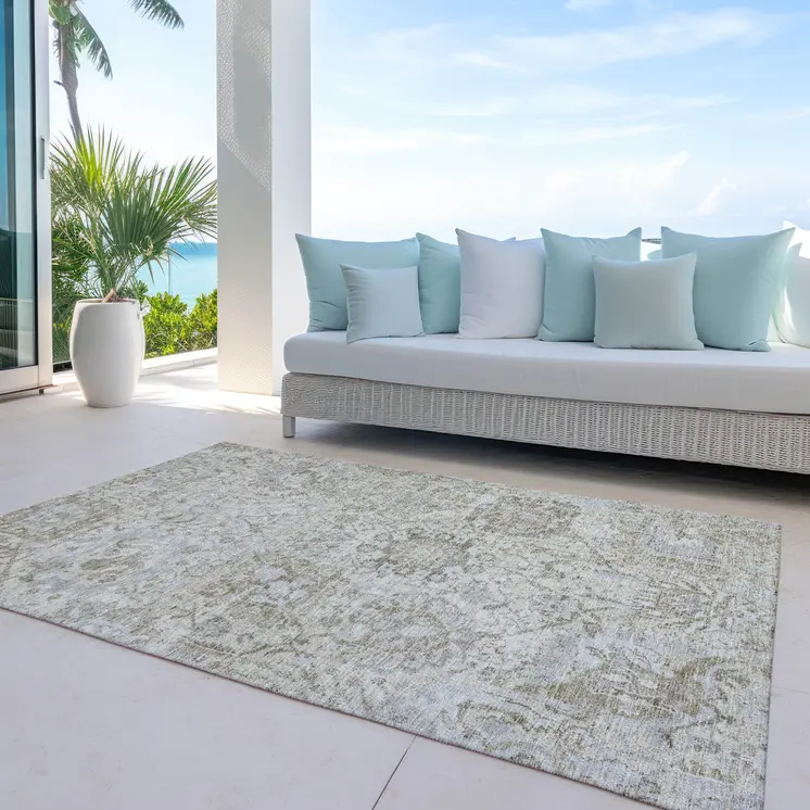 9' X 12' Ivory Brown And Gray Damask Washable Indoor Outdoor Area Rug