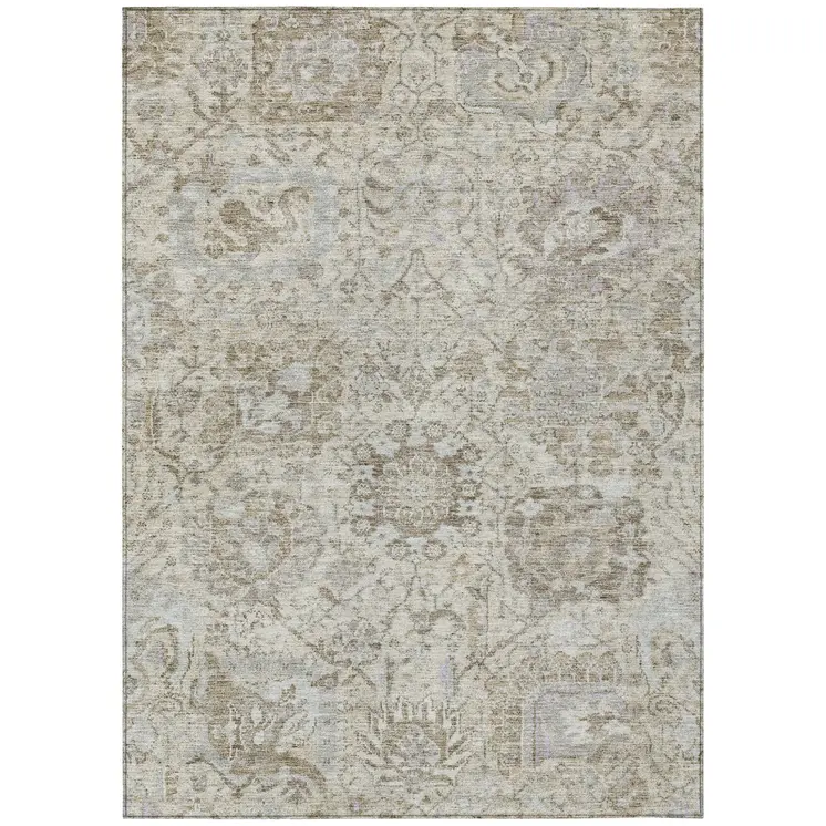 9' X 12' Ivory Brown And Gray Damask Washable Indoor Outdoor Area Rug