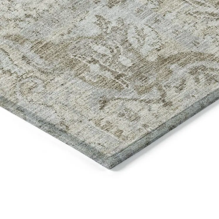 9' X 12' Ivory Brown And Gray Damask Washable Indoor Outdoor Area Rug