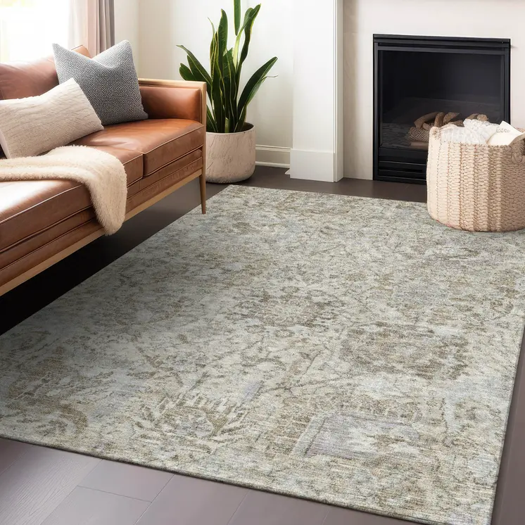 9' X 12' Ivory Brown And Gray Damask Washable Indoor Outdoor Area Rug