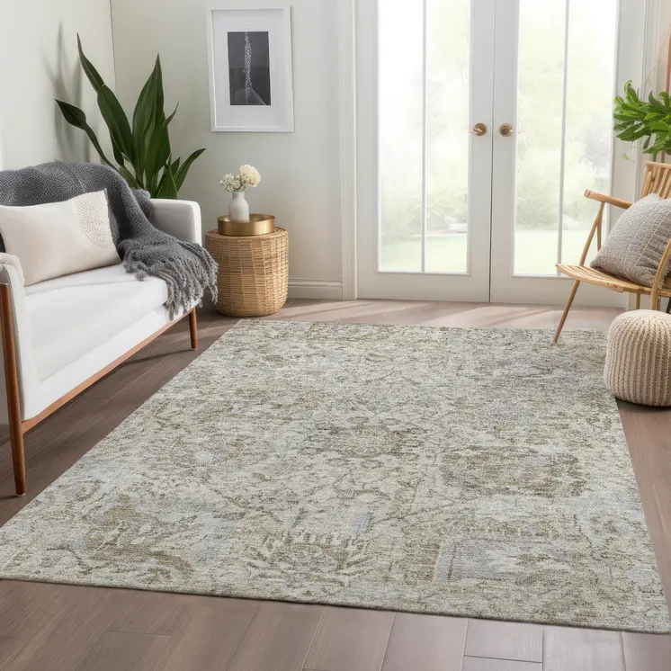 9' X 12' Ivory Brown And Gray Damask Washable Indoor Outdoor Area Rug