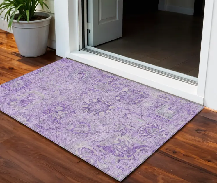 3' X 5' Lavender And Gray Damask Washable Indoor Outdoor Area Rug