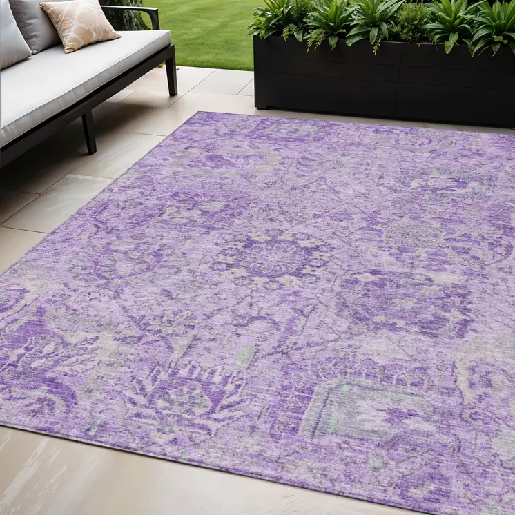 5' X 8' Lavender And Gray Damask Washable Indoor Outdoor Area Rug