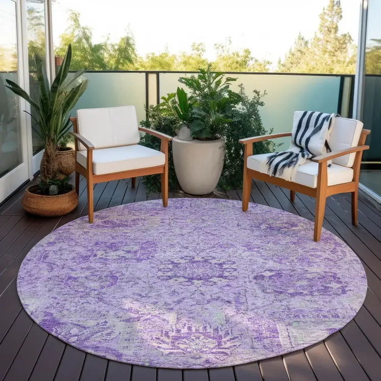 8' Lavender And Gray Round Damask Washable Indoor Outdoor Area Rug