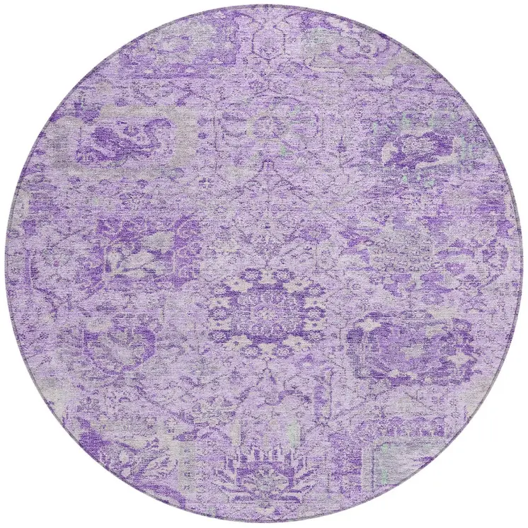 8' Lavender And Gray Round Damask Washable Indoor Outdoor Area Rug