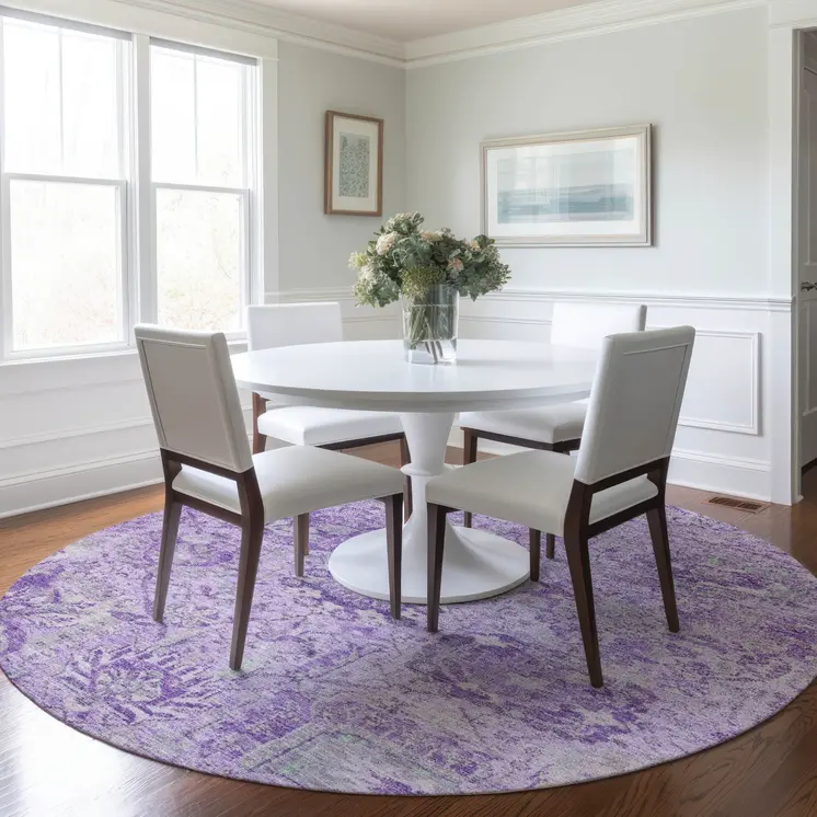 8' Lavender And Gray Round Damask Washable Indoor Outdoor Area Rug