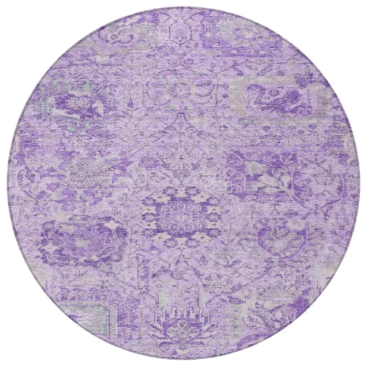 8' Lavender And Gray Round Damask Washable Indoor Outdoor Area Rug