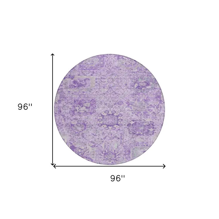 8' Lavender And Gray Round Damask Washable Indoor Outdoor Area Rug