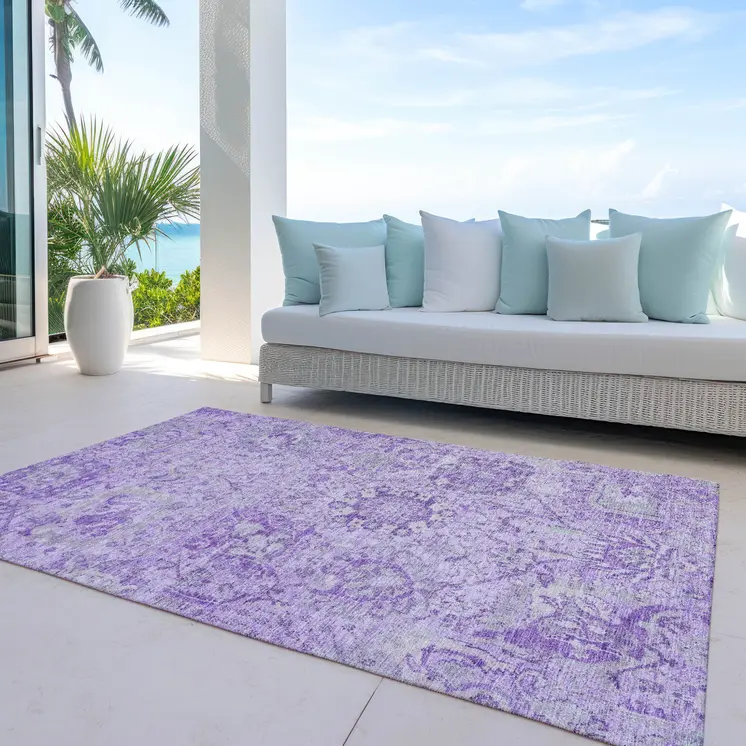 10' X 14' Lavender And Gray Damask Washable Indoor Outdoor Area Rug
