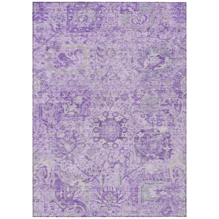 10' X 14' Lavender And Gray Damask Washable Indoor Outdoor Area Rug