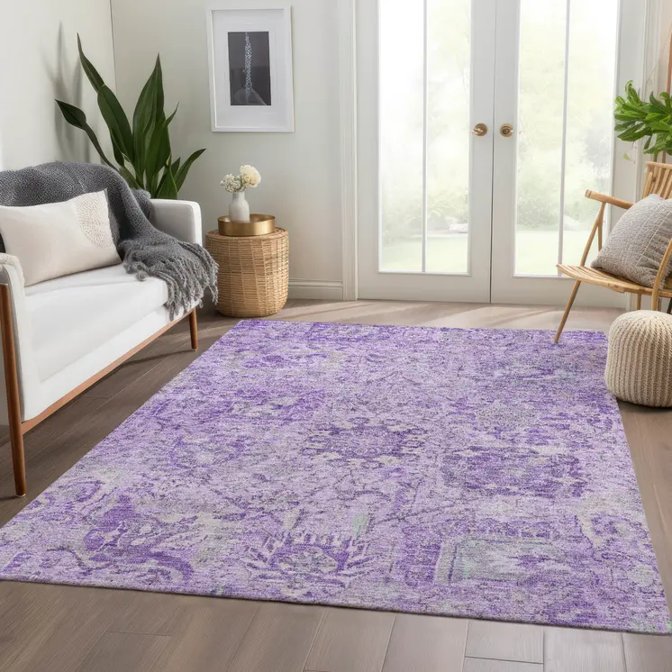 10' X 14' Lavender And Gray Damask Washable Indoor Outdoor Area Rug