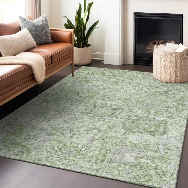 5' X 8' Mint Green And Gray Damask Washable Indoor Outdoor Area Rug
