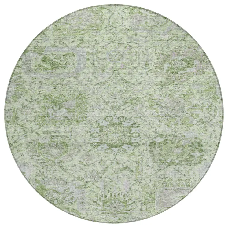8' Mint Green And Gray Round Damask Washable Indoor Outdoor Area Rug