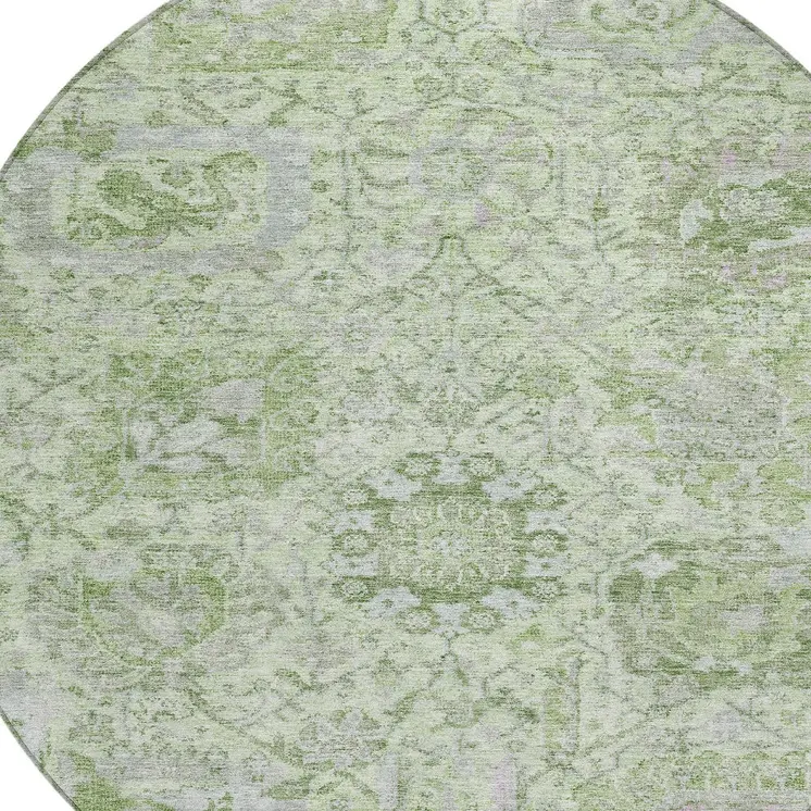 8' Mint Green And Gray Round Damask Washable Indoor Outdoor Area Rug