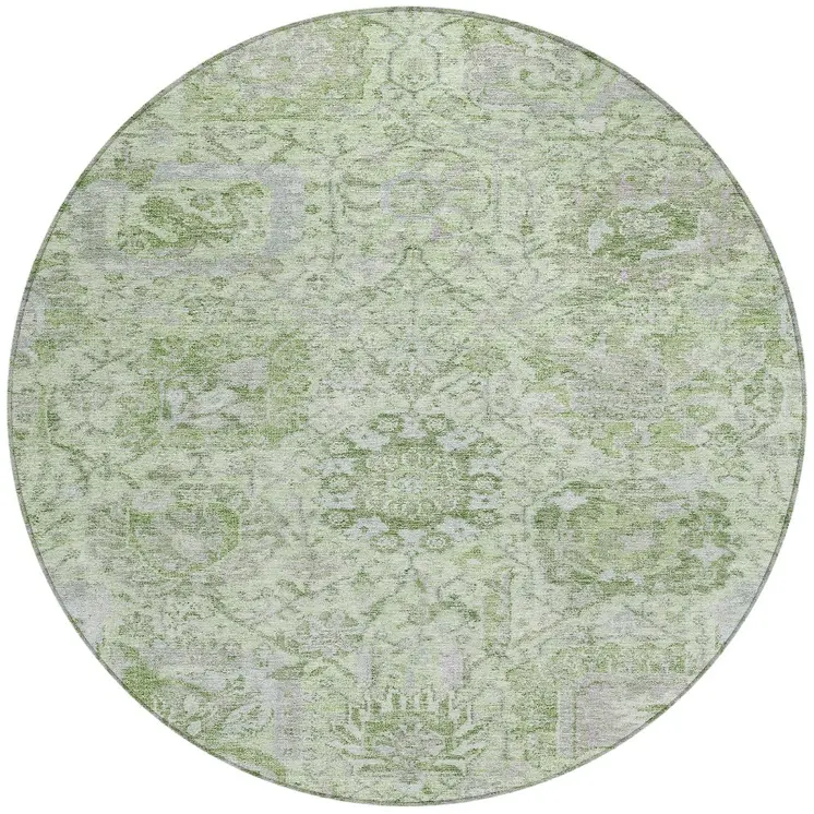 8' Mint Green And Gray Round Damask Washable Indoor Outdoor Area Rug