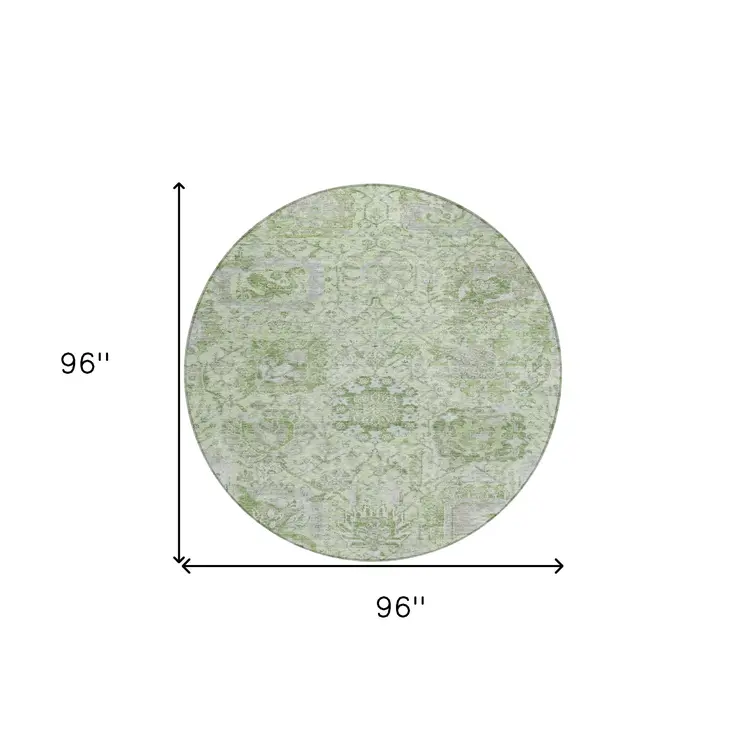 8' Mint Green And Gray Round Damask Washable Indoor Outdoor Area Rug