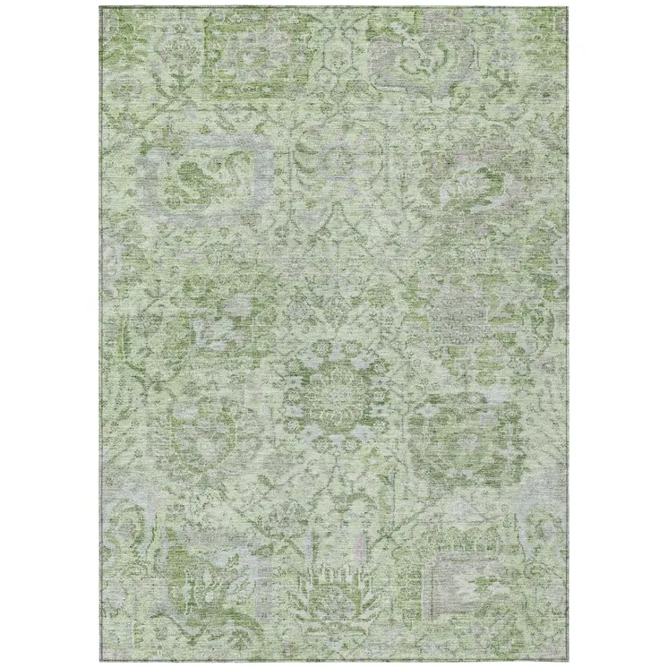 10' X 14' Mint Green And Gray Damask Washable Indoor Outdoor Area Rug