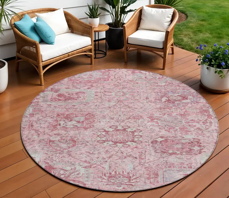 8' Pink And Gray Round Damask Washable Indoor Outdoor Area Rug