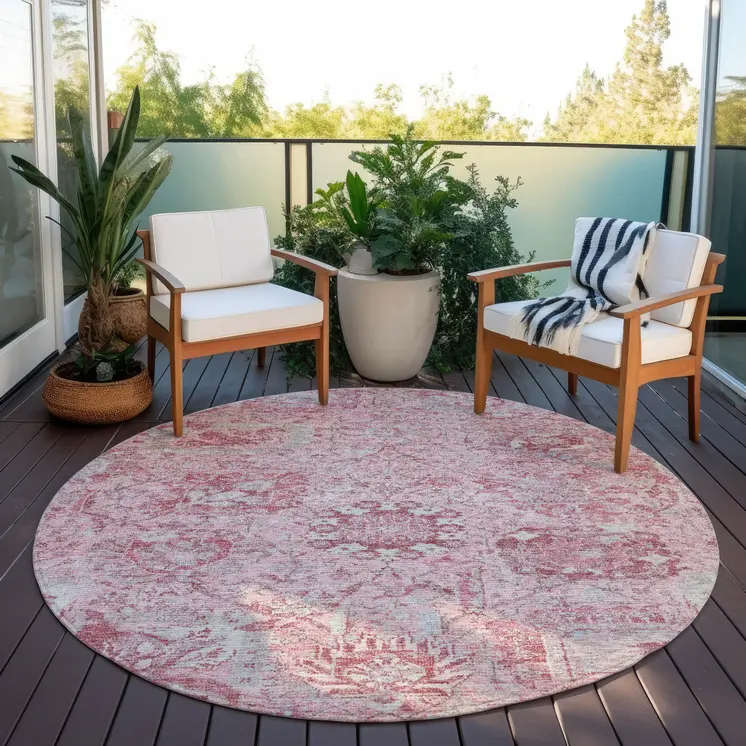 8' Pink And Gray Round Damask Washable Indoor Outdoor Area Rug