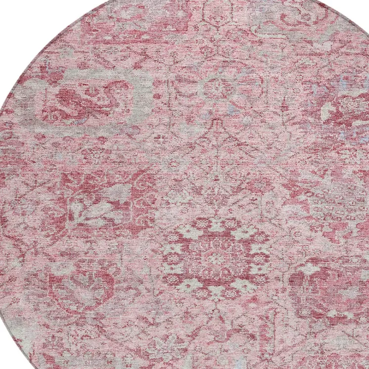 8' Pink And Gray Round Damask Washable Indoor Outdoor Area Rug