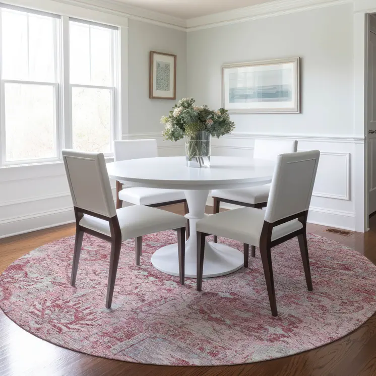 8' Pink And Gray Round Damask Washable Indoor Outdoor Area Rug