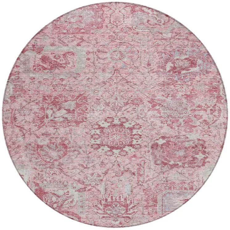 8' Pink And Gray Round Damask Washable Indoor Outdoor Area Rug