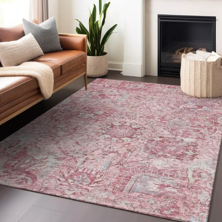 8' X 10' Pink And Gray Damask Washable Indoor Outdoor Area Rug