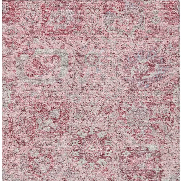 9' X 12' Pink And Gray Damask Washable Indoor Outdoor Area Rug
