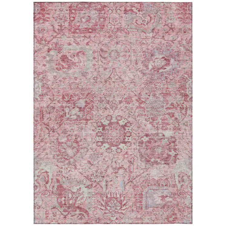9' X 12' Pink And Gray Damask Washable Indoor Outdoor Area Rug