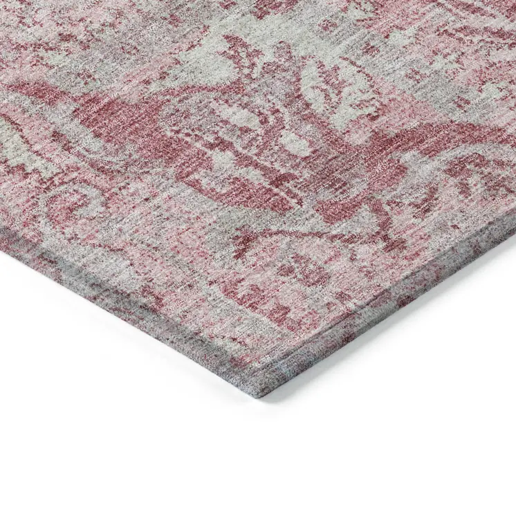 9' X 12' Pink And Gray Damask Washable Indoor Outdoor Area Rug
